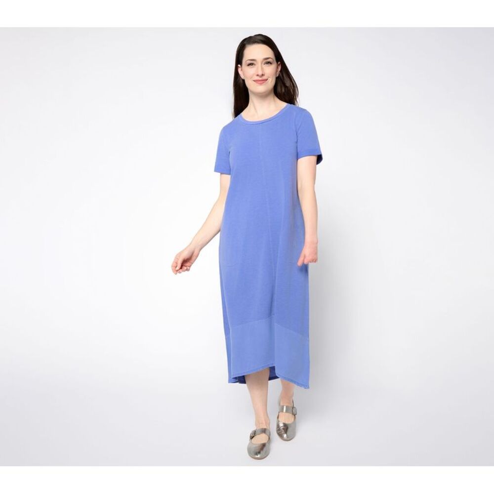 Fashion Women's Petite Dress PL Knit Midi Woven Hem Blue